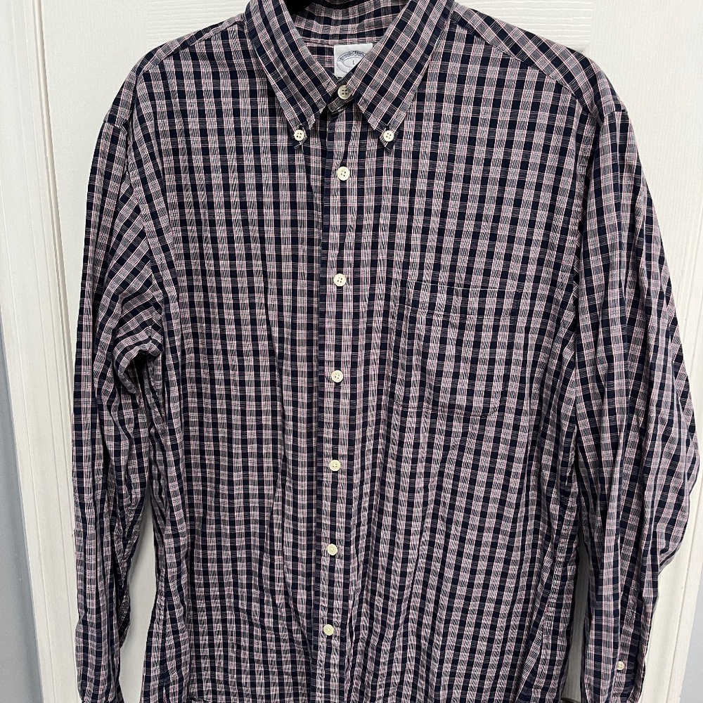 Brooks Brothers Men's Regent Non-Iron Button Down Blue Check Oxford Shirt Large